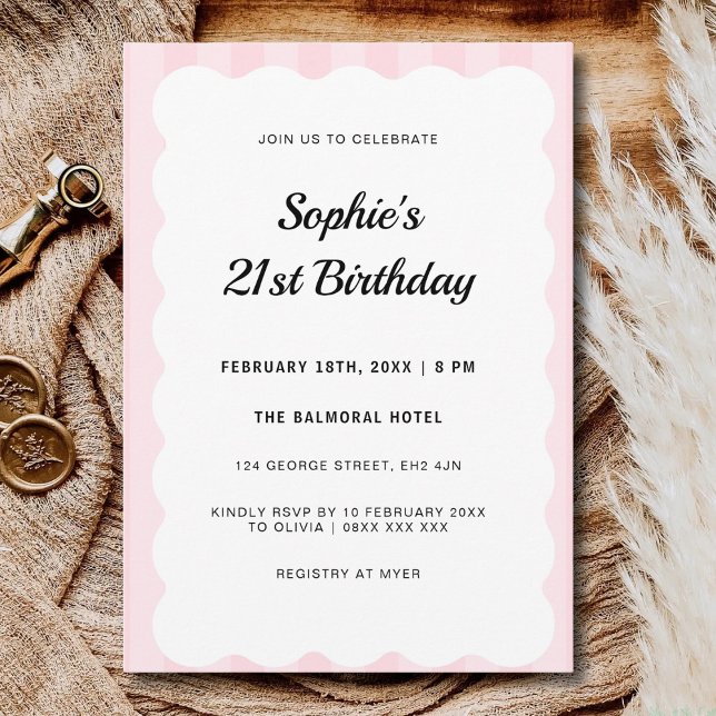 Ladies 21st Birthday Pink Dinner Party Scalloped Invitation (Creator Uploaded)