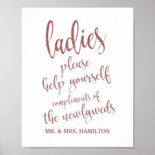 Ladies Bathroom Basket Rose Gold Glitter 8x10 Sign