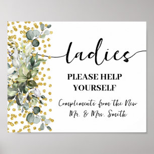 Ladies Bathroom Wedding Reception Eucalyptus Gold Poster