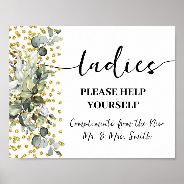 Ladies Bathroom Wedding Reception Eucalyptus Gold Poster (Front)