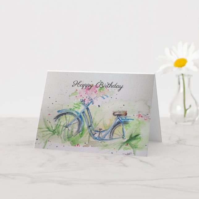 Ladies bicycle in spring field card (Small Plant)