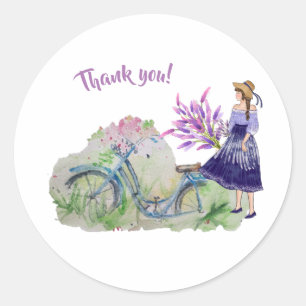 Ladies bicycle in spring field classic round sticker