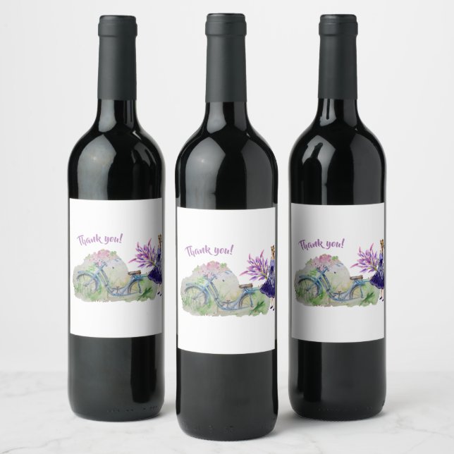 Ladies bicycle in spring field wine label (Bottles)