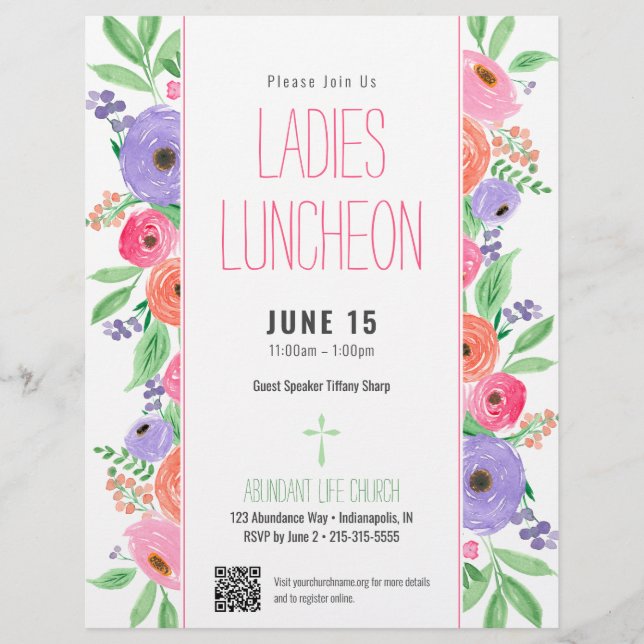 Ladies Church Luncheon Spring Floral QR Code Flyer (Front)