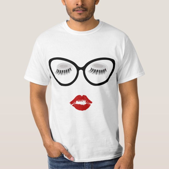 Ladies Eyelashes Black Glasses Red Pouty Full Lips T-Shirt (Front)