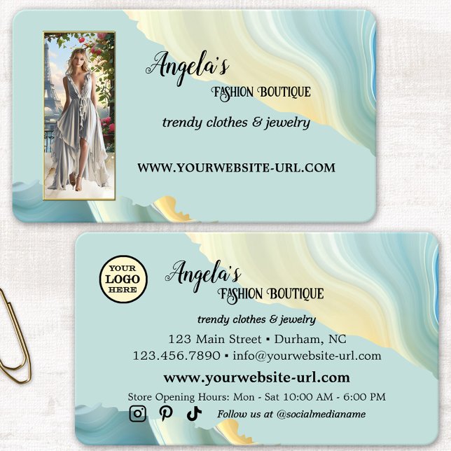 Ladies Fashion Retail Store Boutique  Business Card (Fashion retail business card featuring a gorgeous abstract design with custom photo, logo and social)