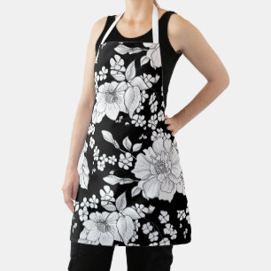 Ladies Floral Pattern In Black And White Apron