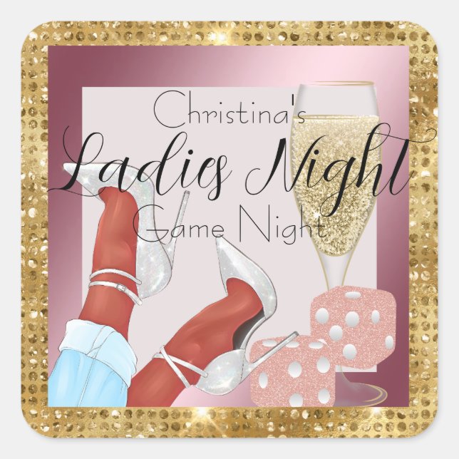 Ladies Game Night Pink Dice & Gold Diamonds Square Sticker (Front)