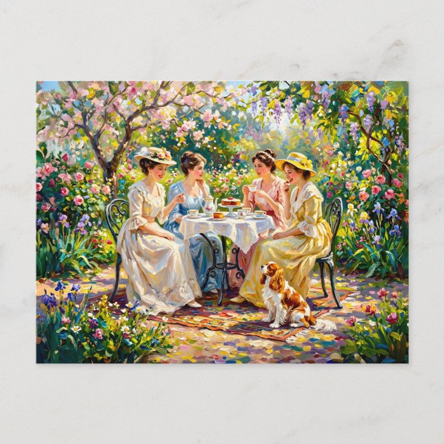 Ladies’ Garden Gathering with Cavalier Spaniel Postcard (Front)