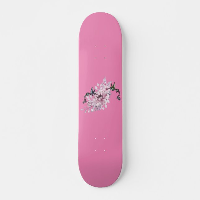 Ladies & Girls Skateboard Floral Hummingbirds Pink (Front)