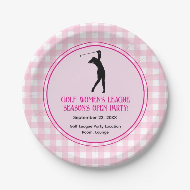 Ladies Golf League Party Pink Plaid Tableware Paper Plate (Front)