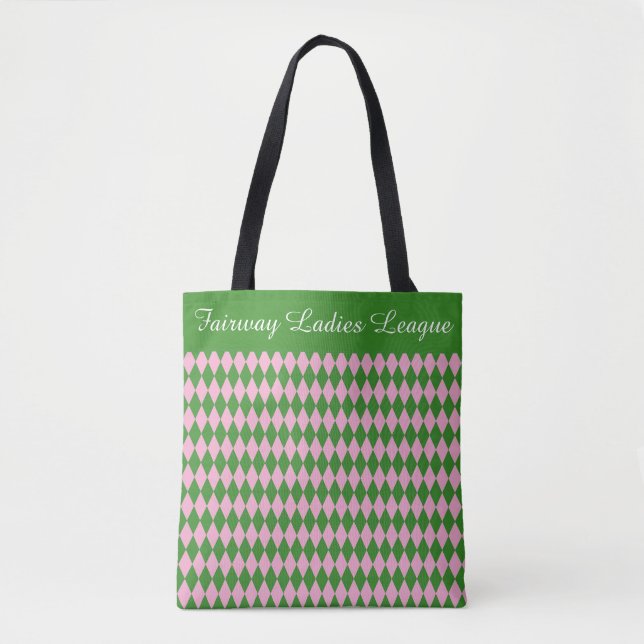 Ladies Golf League Tote Bag – Pink & Green Argyle  (Front)
