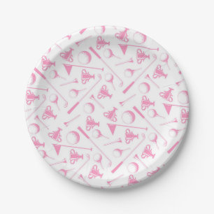 Ladies Golf Pattern Pink White Preppy Golfing  Paper Plate