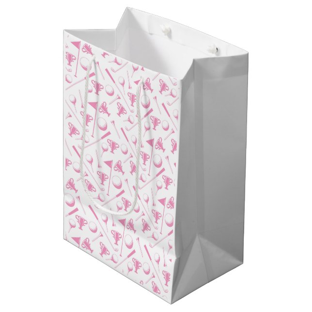 Ladies Golfing Pattern Pink White Preppy Toile Medium Gift Bag (Front Angled)