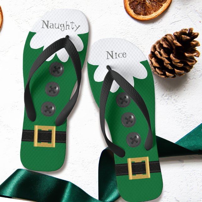 Ladies Green Naughty Christmas Elf Suit Festive Flip Flops (Perfect for celebrating Christmas in July (or the one in December) Have you been naughty and nice?)