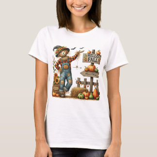 Ladies "Hello Fall" Scarecrow Autumn T-Shirt