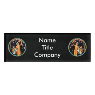 Ladies in Blue Gold Circles Pink Cherry Blossoms Name Tag