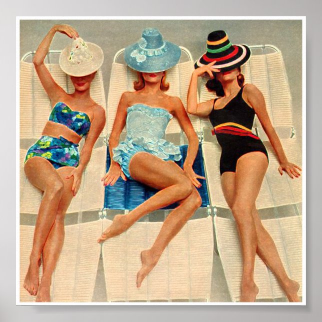 Ladies Lounging by the Pool Retro Vintage Poster (Front)