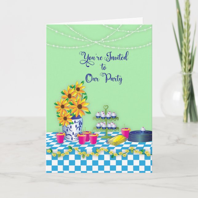 Ladies Luncheon Party Invitation Blue Gingham (Front)