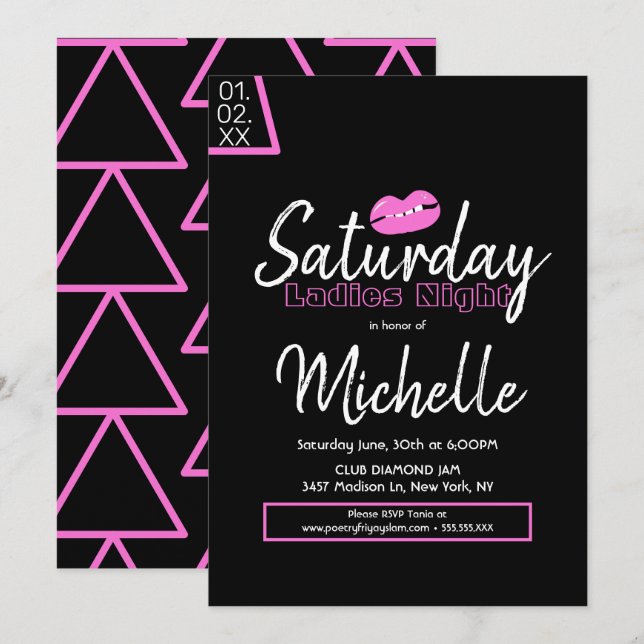 Ladies Night Birthday Party Pink Black Lips Invitation (Front/Back)