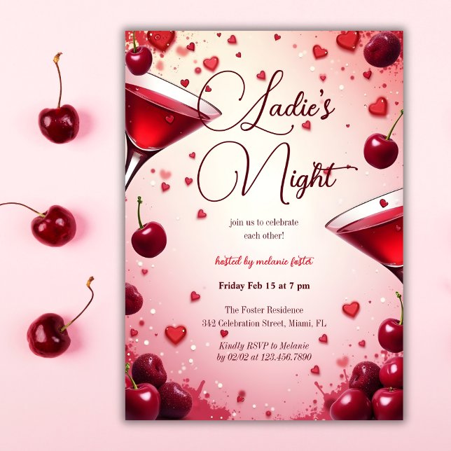 Ladies Night Cherry & Cocktail Galentine's Invitation (Ladies Night Cherry & Cocktail Galentine's Invitation)