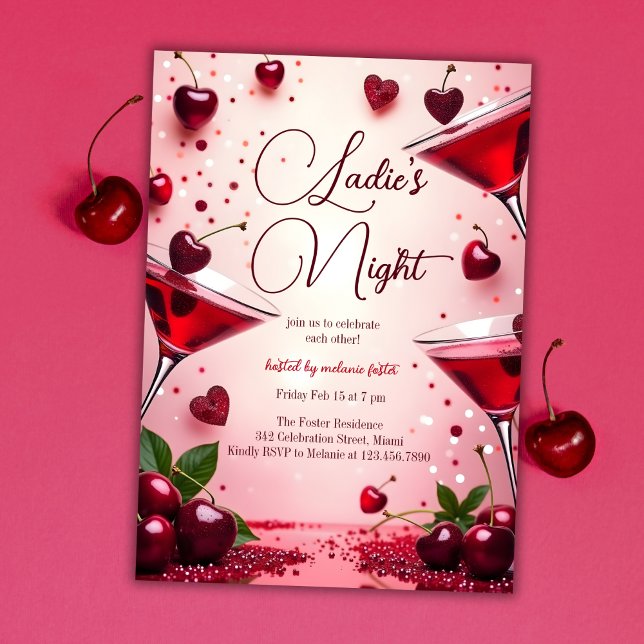 Ladies Night Cherry Galentine's Cocktail Party Invitation (Elegant Ladies’ Night Galentine’s Day Party Invitation – Cherry & Cocktail Theme)