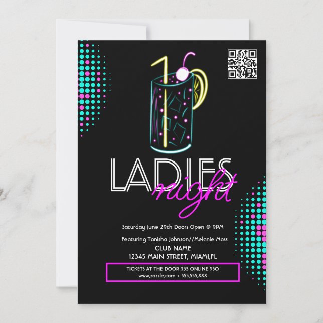  Ladies Night Club Cocktail Drink Neon Flyer Invitation (Front)