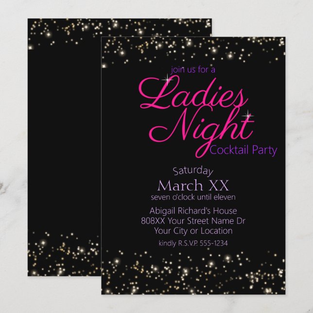 Ladies Night Neon Pink Sign Cocktail Party Invitation (Front/Back)