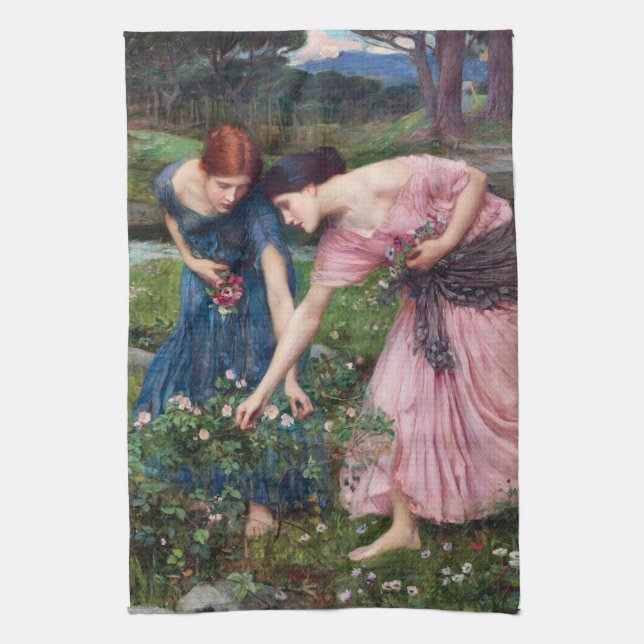 Ladies Picking Roses, John William Waterhouse Tea Towel (Vertical)