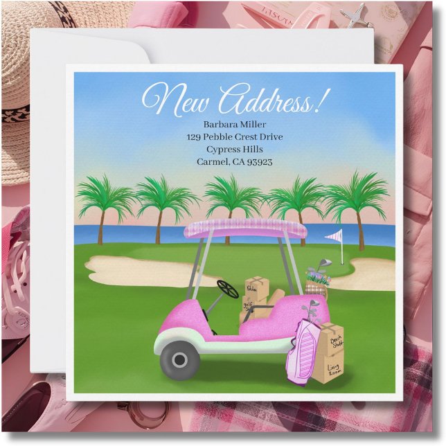 Ladies Pink Golf Cart Moving Boxes Beach Golf  Announcement (Creator Uploaded)