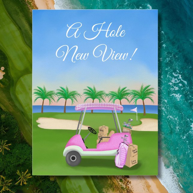Ladies Pink Golf Cart Moving Boxes Beach Golf  Announcement Postcard (Creator Uploaded)