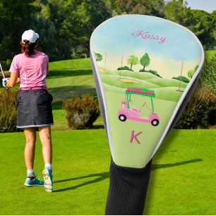 Ladies Pink Watercolor Cart Monogram Name  Golf He Golf Head Cover