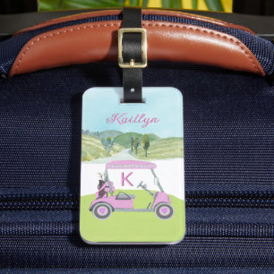 Ladies Pink Watercolor Cart Monogram Name Luggage Tag