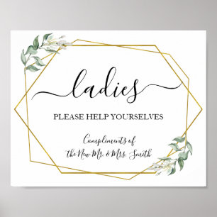 Ladies powder room wedding reception greenery sign