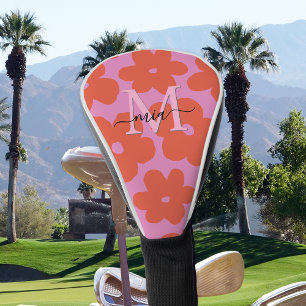 Ladies Retro Bold Pink Orange Floral Monogram  Golf Head Cover