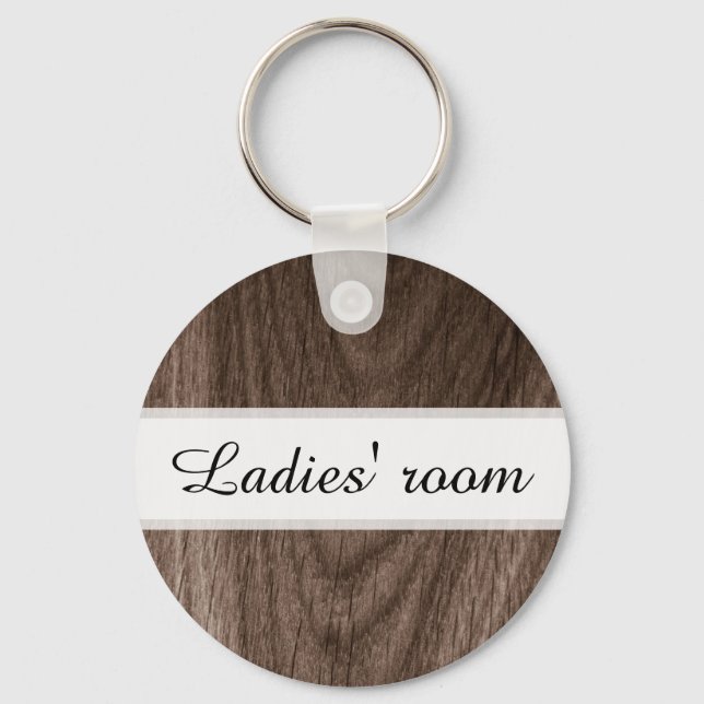 Ladies room bathroom keychain, brown wood grain key ring (Front)