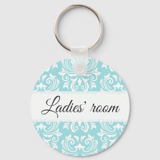 Ladies room pale blue damask pattern bathroom key ring (Front)