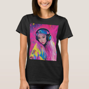 Ladies T-shirt DJ girl with pink hair