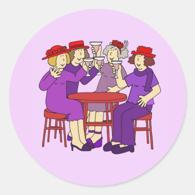 Ladies Wearing Red Hats and Purple Outfits Classic Round Sticker (Front)