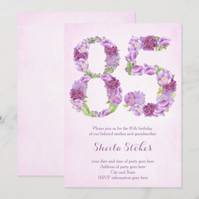 lady 85th birthday invitations, lavender invites (Front/Back)