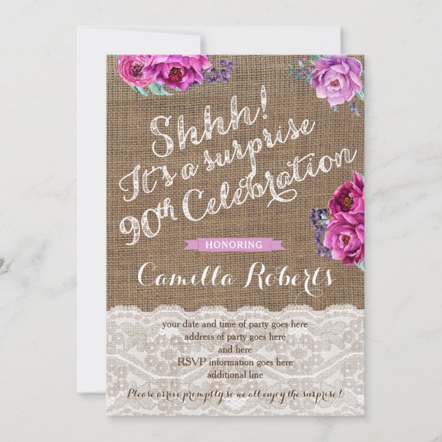 Lady 90th Surprise Birthday Party Invitation Cards (Front)