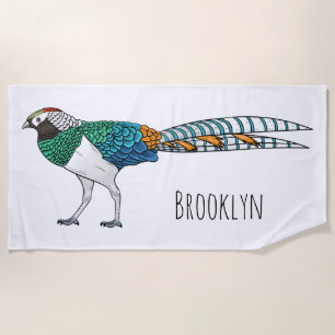 Lady amherst's pheasant bird cartoon illustration beach towel