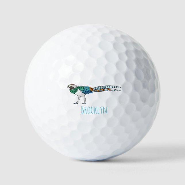 Lady amherst's pheasant bird cartoon illustration  golf balls (Front)