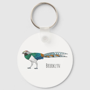 Lady amherst's pheasant bird cartoon illustration key ring