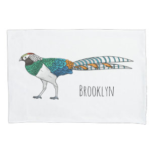 Lady amherst's pheasant bird cartoon illustration pillowcase