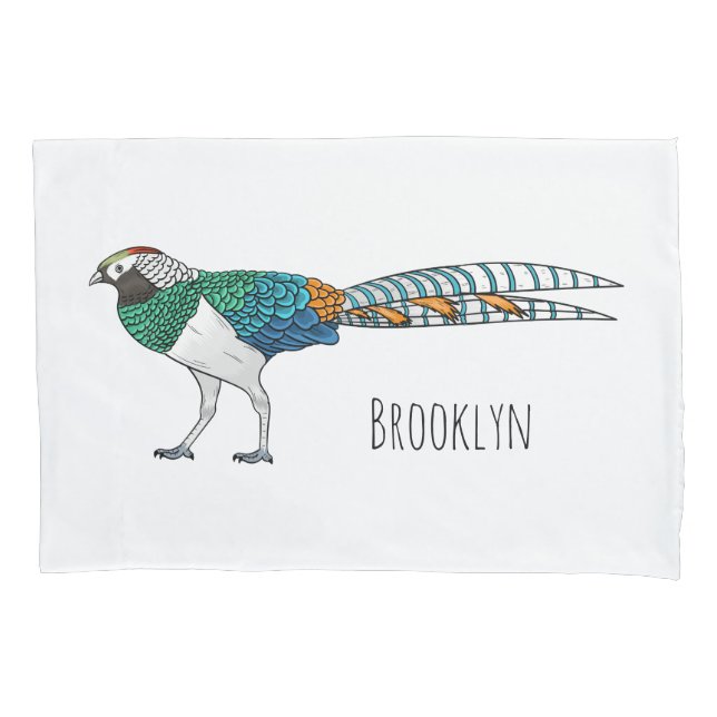 Lady amherst's pheasant bird cartoon illustration pillowcase (Front)