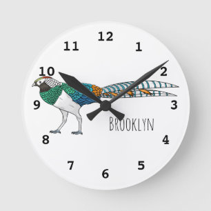 Lady amherst's pheasant bird cartoon illustration round clock