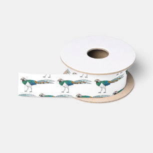 Lady amherst's pheasant bird cartoon illustration satin ribbon