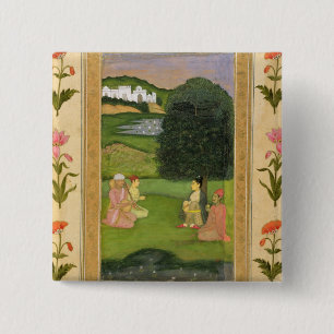 Lady and attendant listening to music at sunset, f 15 cm square badge