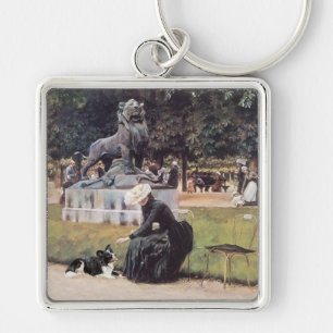 Lady and Border Collie in Park Key Ring